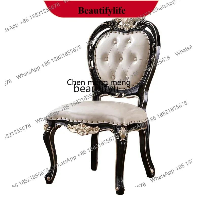 European dining chair all solid wood double-sided carved dining chair dining room study first layer cowhide back chair