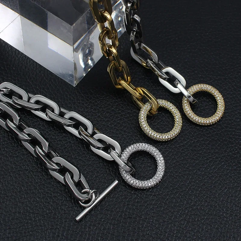 Classic Thick Cuban Link Chain Bracelets Female Gold Color Stainless Steel CZ Crystal Stones Link Hand Chains for Women