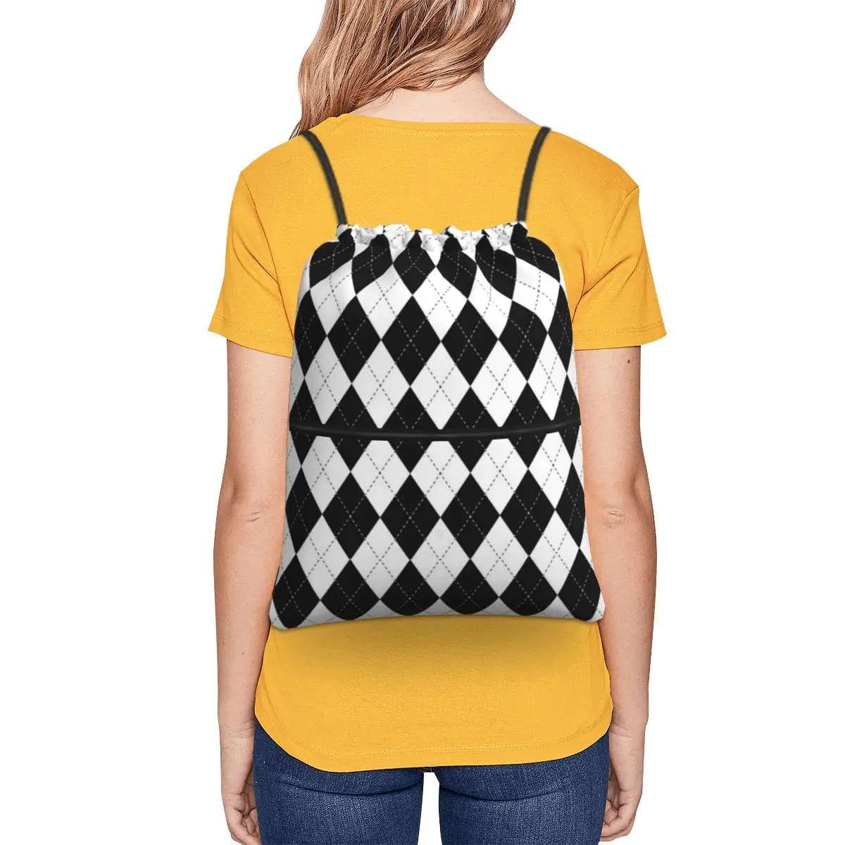 Diamond Shaped Geometric Pattern Backpacks Casual Drawstring Bundle Pocket Sports Bag Book Bags for Man Woman School