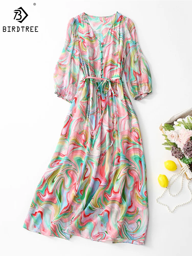 

Birdtree 100%Mulberry Silk Elegant Dresses Woman Button Sash Rainbow Print Commuting Dress Vacation Party Summer Autumn D38560QM