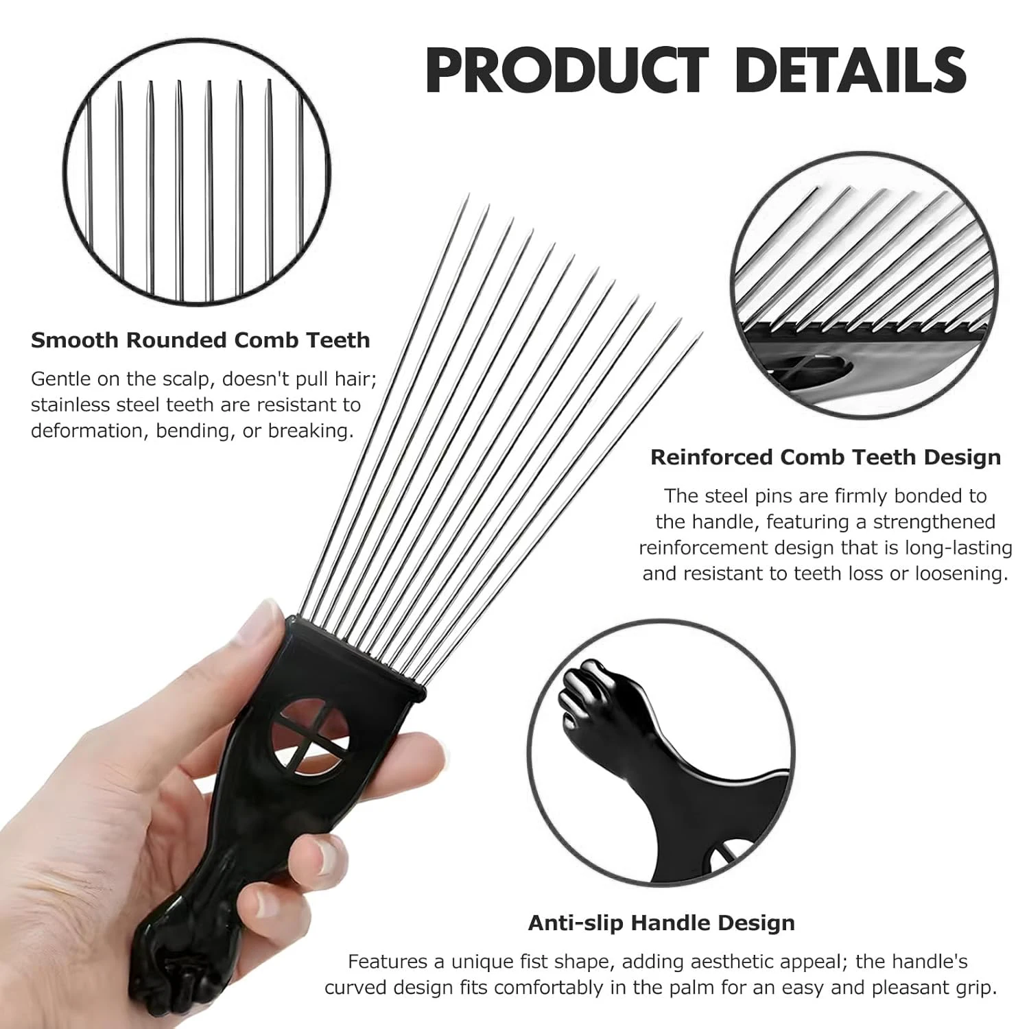 مجموعة اختيار شعر أفرو من الفولاذ المقاوم للصدأ مكونة من 3 قطع، أعواد شعر - أمشاط أفريقية معدنية سوداء لتصفيف الشعر، اختيار قبضة للنساء والرجال #5