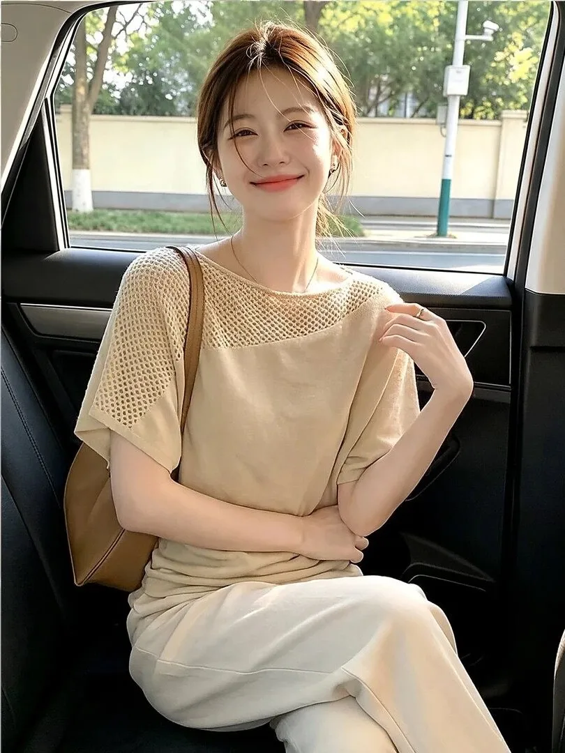 Elegant Hollow out Shoulder Knitted Short Sleeve T-Shirt Women's Summer Design Slimming City Walk Top French Style Universal Fit