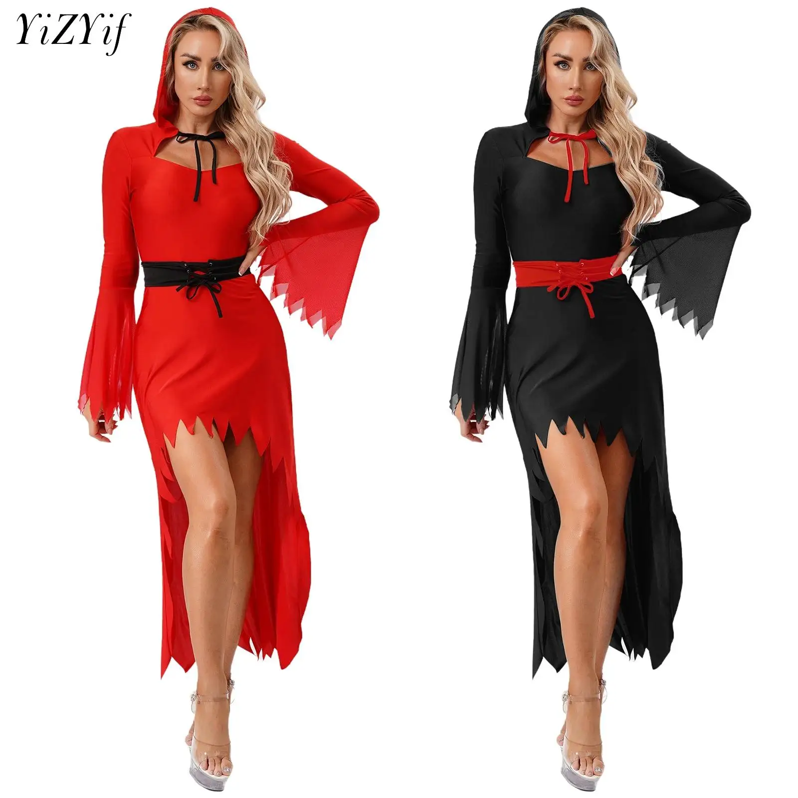 

Женский карнавальный костюм дьявола вампира на Хэллоуин, карнавальная тематическая вечеринка, нарядное платье с длинными рукавами и зубчатой отделкой, готические платья с капюшоном