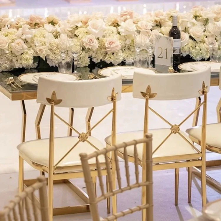 

New Design Golden Stainless Steel Frame And White Pu Wedding Cross Back Dining Chair