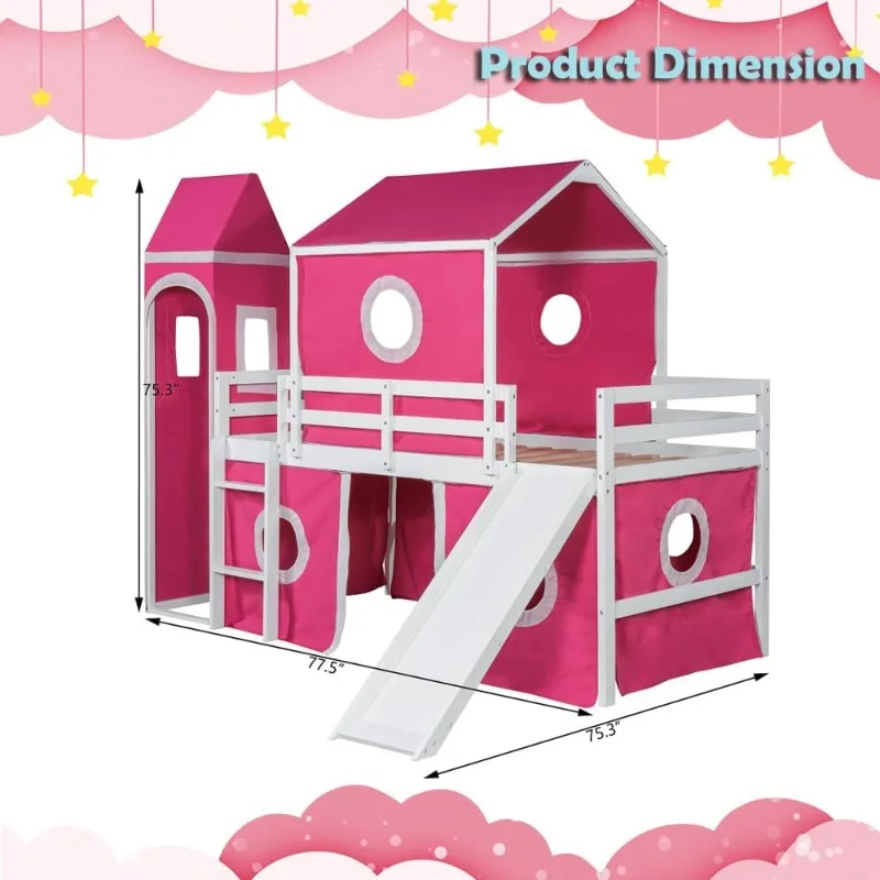 Twin-Size Kids Loft Bed with Slide, Pink Tent & Tower, Toddler Playhouse, Wooden Loft Bed with Guardrail, Fun Under-Bed P