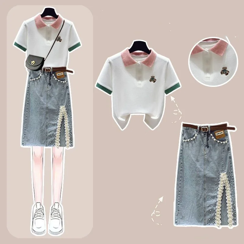 Summer Fashion Age Reducing Outfits 2023 New Skin Covering Slim Polo Neck Short Sleeve Denim Skirt Two Piece Set Fashion