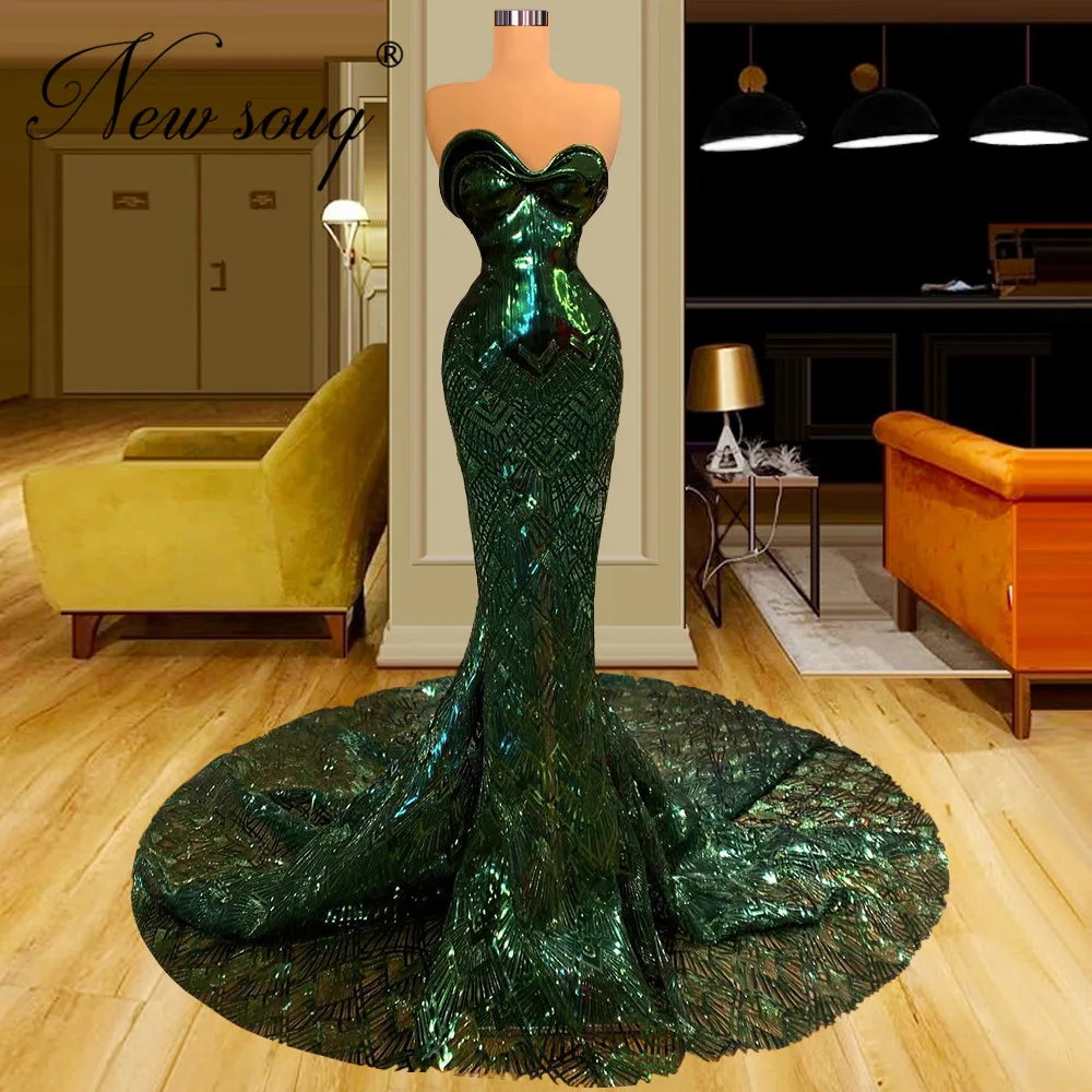 Sparkly Green Pailletten Avondjurken Aangepaste Arabische Dubai Lange Trein Mermaid Celebrity Prom Dress 2022 Luxe Party Jurken