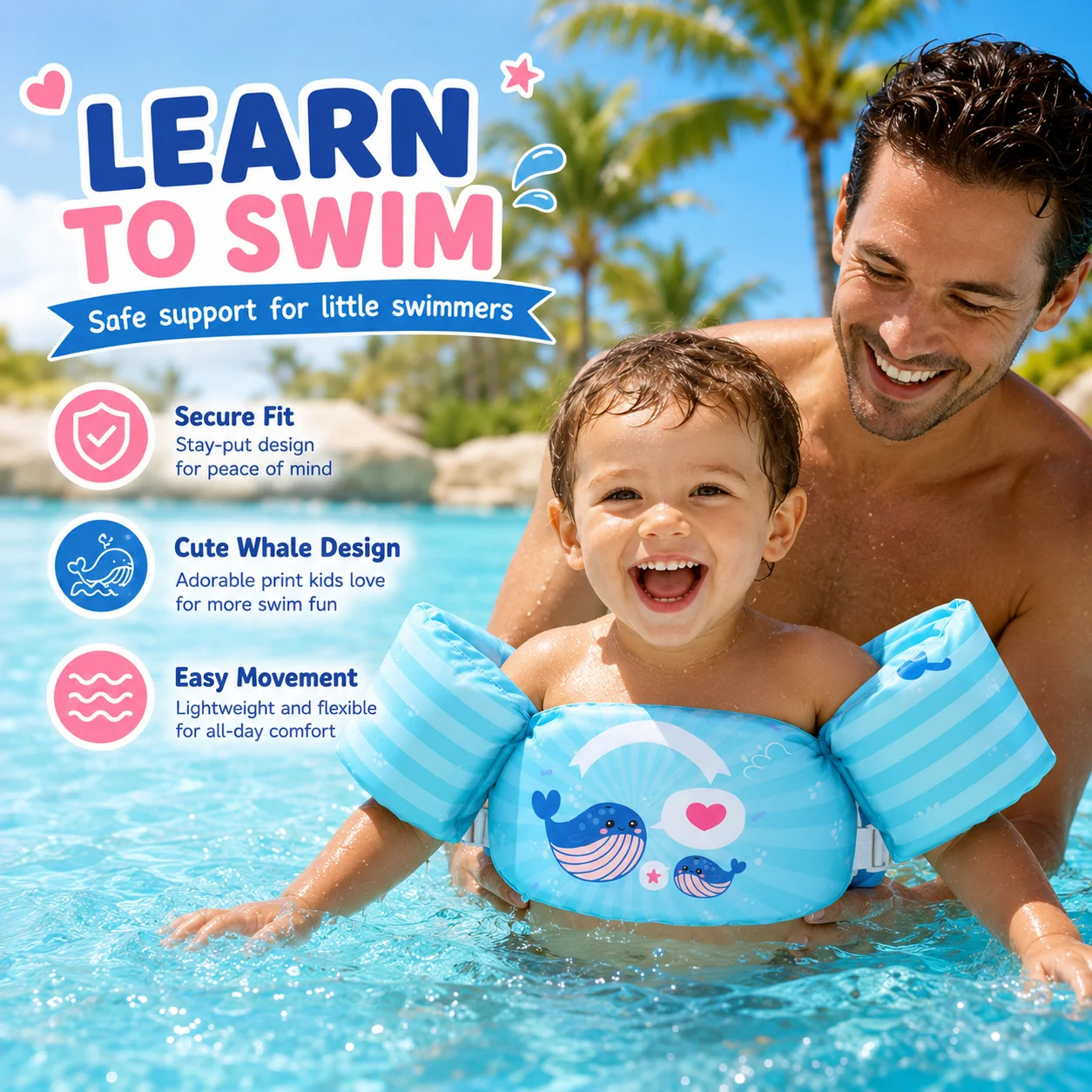1PC Inflatable Arm Floaties Swim Wings Cute Whale Pattern Buoyancy Sleeves for Pool Safety Training Comfortable Swimming Aid