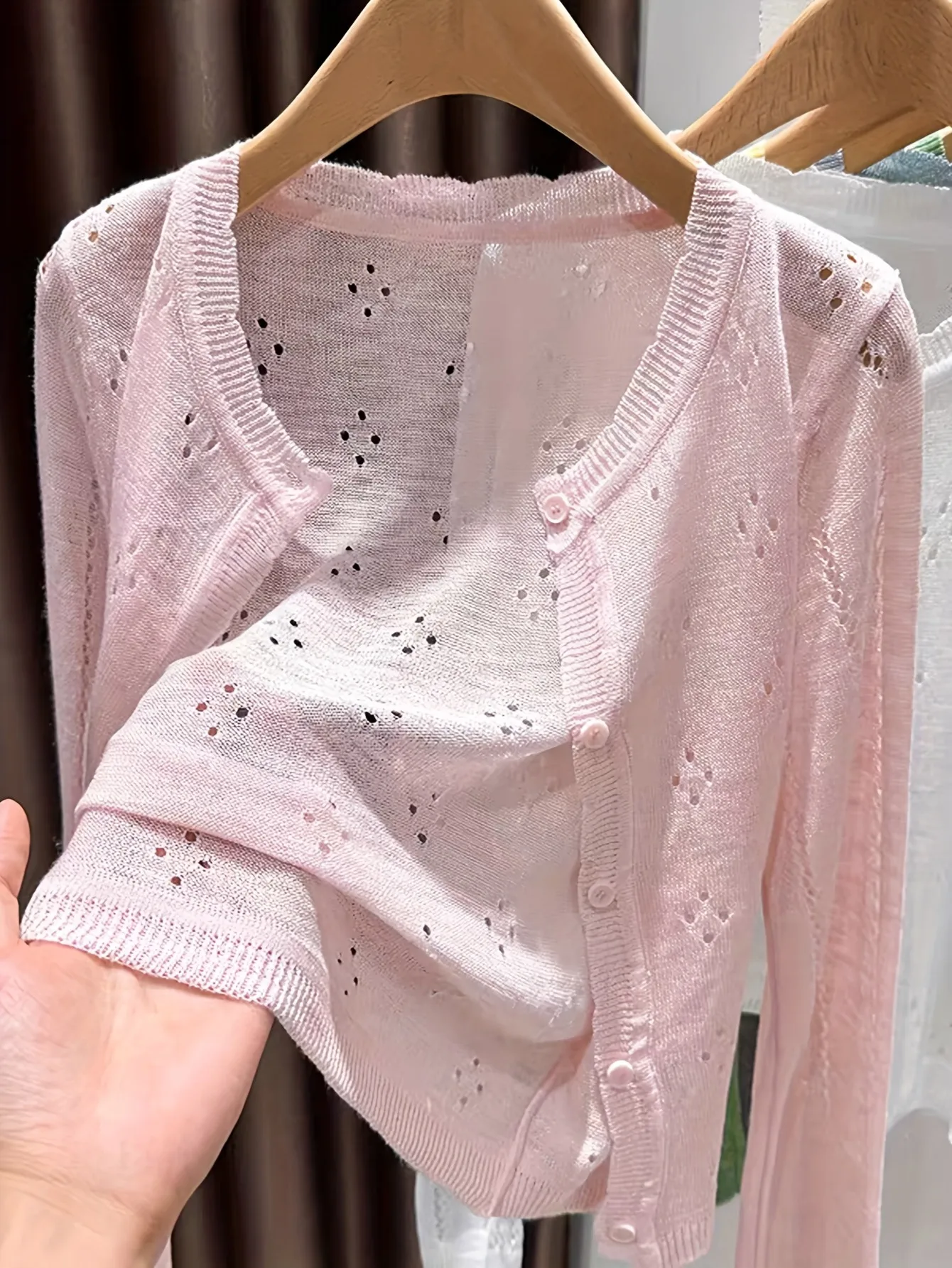 Solid New Hollow Out O-Neck Knitted Sweater Women Cardigans New Long Sleeve White Knit Sweater Cardigan Women Tops