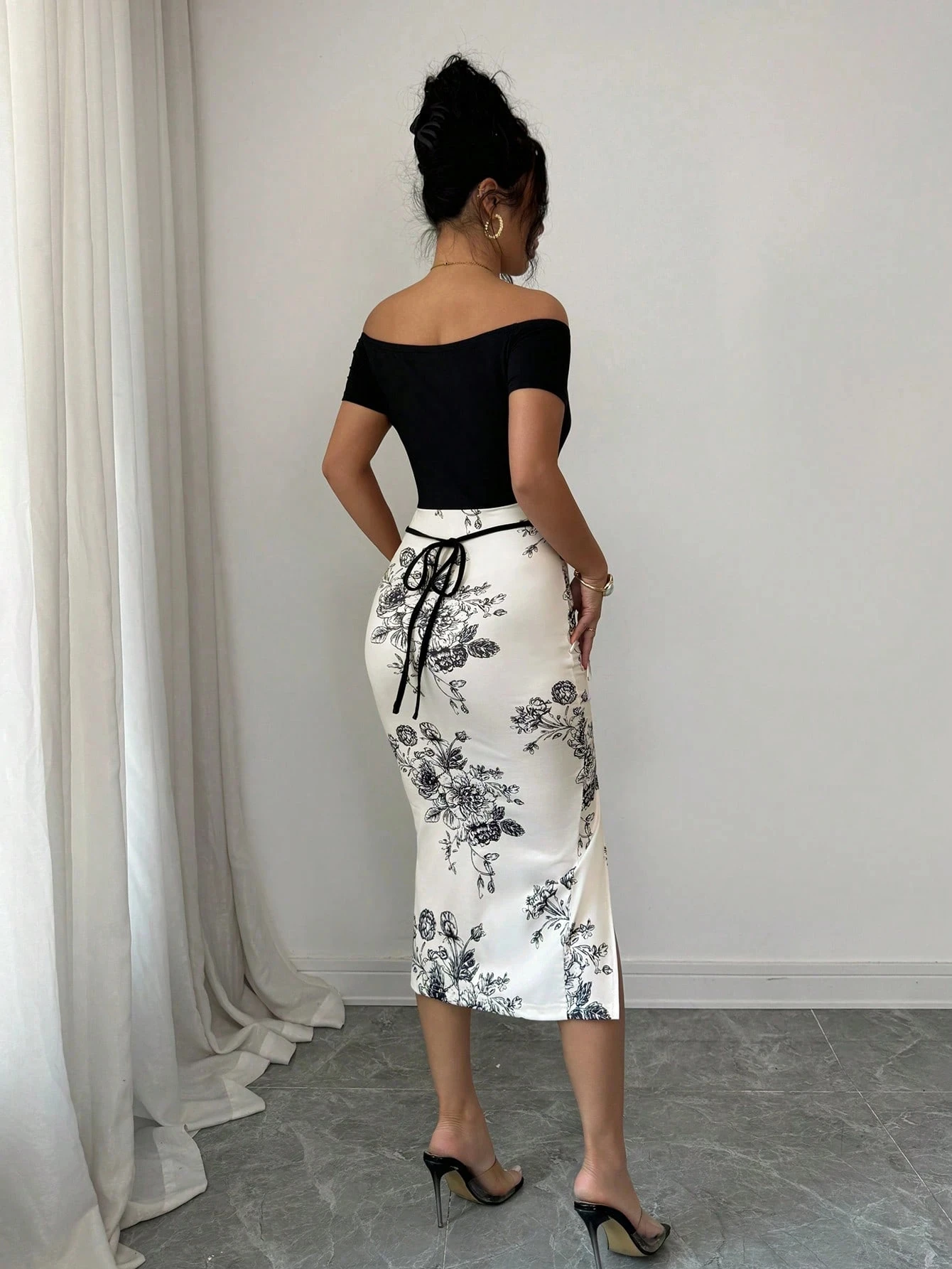 Women‘s Elegant Sexy Spliced Color One-Shoulder Flower Print Off-Shoulder Split Dress Spring Summer Style Casual Chic Gown
