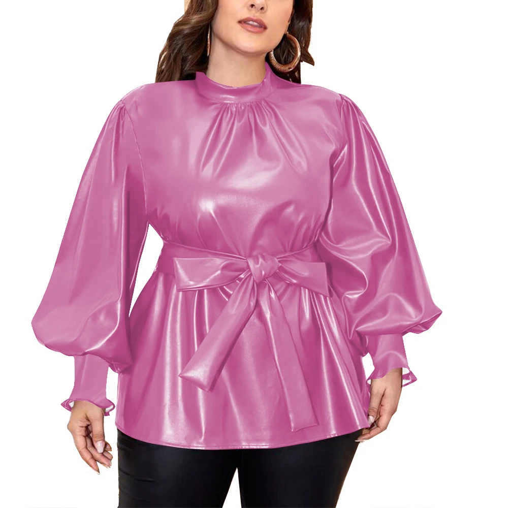 بلوزة عصرية بأكمام طويلة منتفخة بقصة ضيقة من البولي يوريثان مع حزام خلفي وسحاب علوي للسيدات قطع علوية كلاسيكية من الجلد الصناعي للمكتب #3