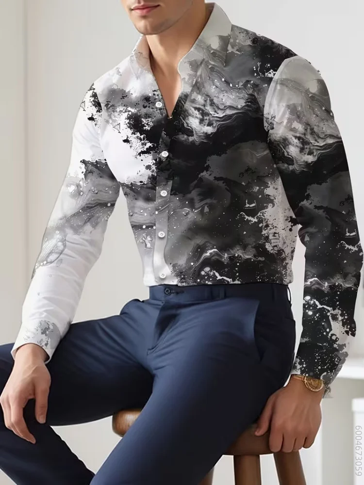 Men's long sleeved shirt with marble pattern full print shirt, versatile and comfortable top for daily travel and gatherings
