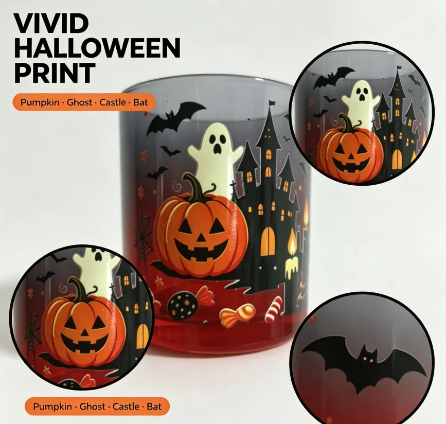 Cute Halloween Pattern Glass Drinking Tumbler Haunted Castle Pumpkin Ghost Print Household Water & Iced Coffee Cup