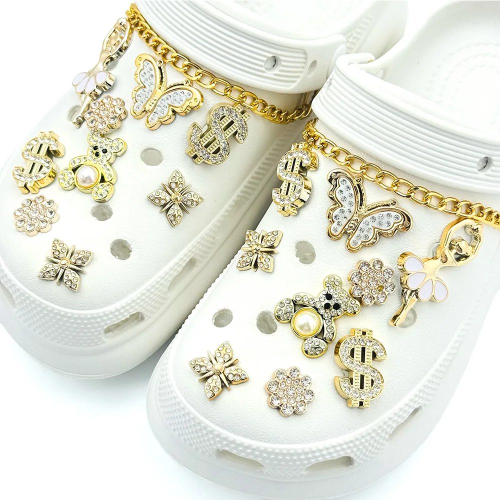 20PCS Luxury Shoe Charms Set Accessories for Clogs Shoe Buckle Golden Ballet Girl Butterfly Bear Chain DIY Shoes Decorations