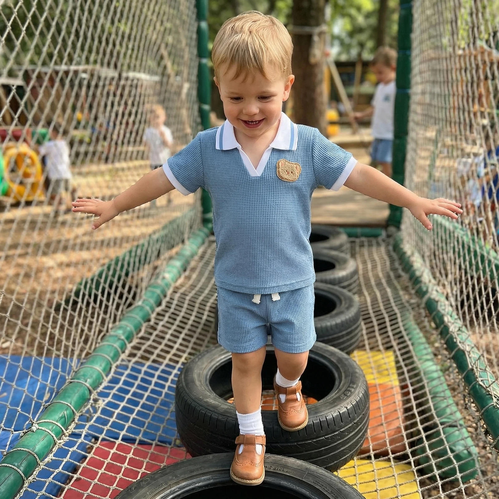 Toddler Boys 2Pcs  Outfits Short Sleeve Lapel V Neck Contrast Color Waffle Knit Tops Shorts Clothes Set