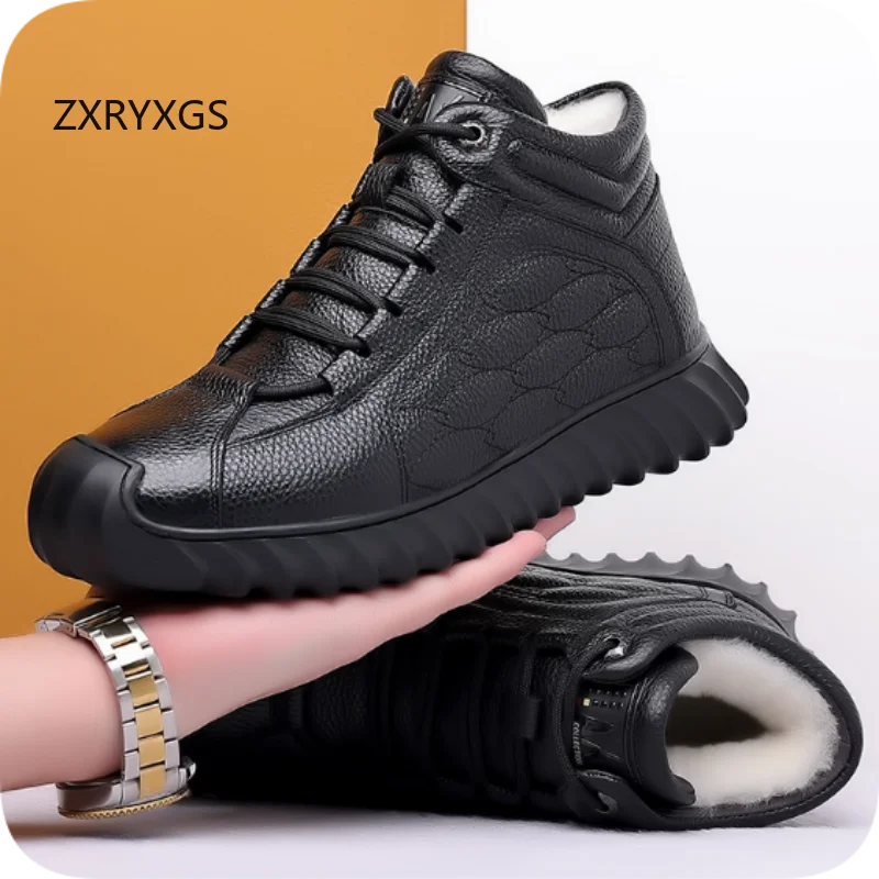 ZXRYXGS 2025 new Winter Top Cowhide Wool Boots Men Shoes Snow Boots Flat Soft Sole Non-slip Warm Shoes Casual Sneakers Men Boots