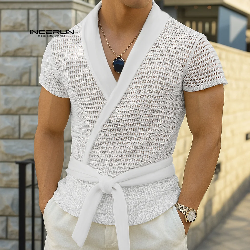 Men T Shirt Solid Color Hollow Out See Through V Neck Short Sleeve Tee Tops Men Streetwear Summer Lace Up Men Clothing INCERUN