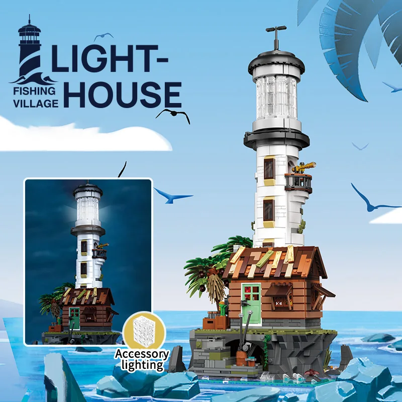 2340PCS Creative Fishing Village Lighthouse Building Blocks Sea Fishing Tower Model LED Light Bricks Decoration Gifts Kids Toys