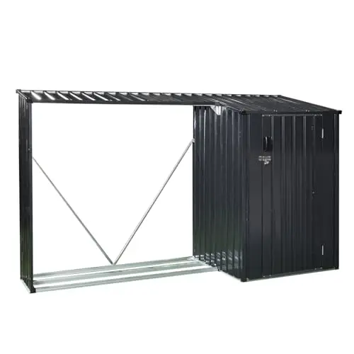 8.55 * 5.3FT Outdoor Firewood Rack & Storage Shed 2-in-1, Steel Wood Holder with Tool Compartment and Sloped Roof