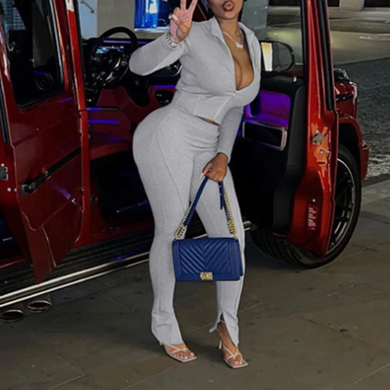 

2025 Autumn Women Solid Gray 2 Piece Set Tracksuits Stand Collar Long Sleeve Zipper Crop Top + High Waist Slit Pencil Pants Suit