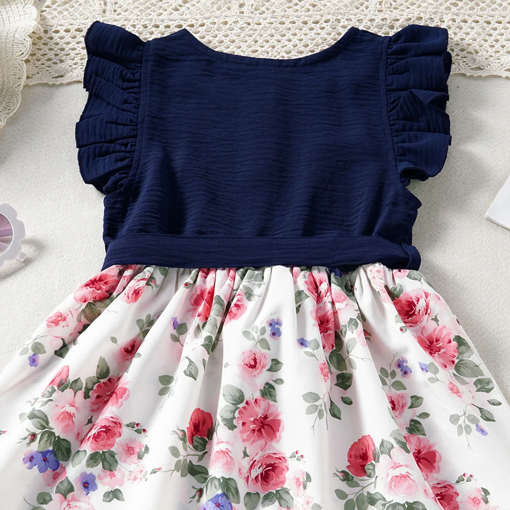 Fashion Clothes Vestidos 3 To 8 Years Girls Kids Dress Spring Summer New Girls Lace Sleeve Splicing Floral Dress Casual