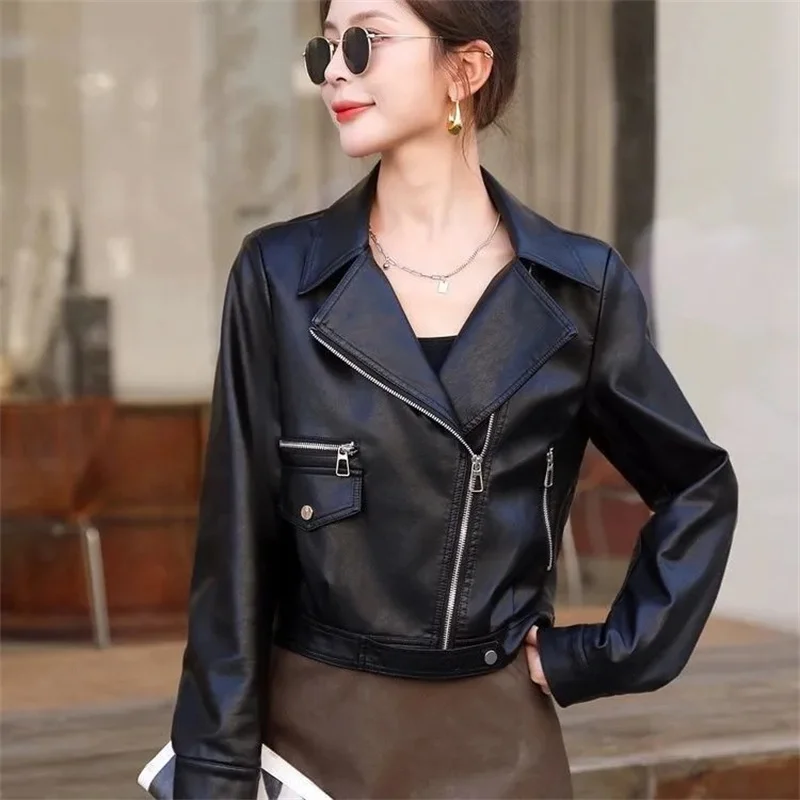 

2024, весенне-осенняя новая куртка на молнии из искусственной кожи, женская уличная одежда, короткое мотоциклетное пальто, черный костюм, кожаные куртки с воротником