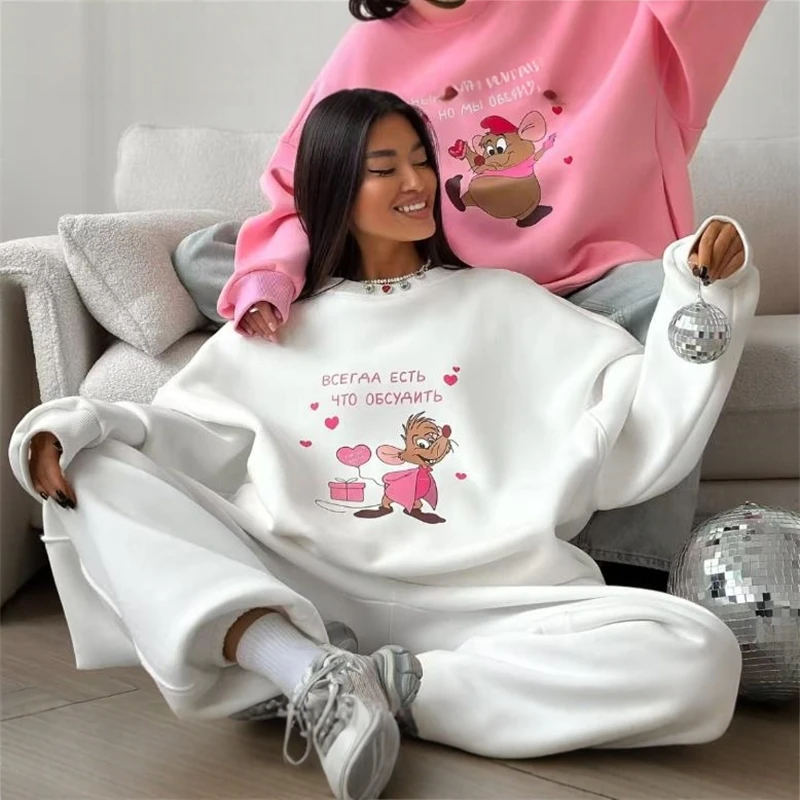 Felpa con cappuccio casual allentata Faionable Cartoon Felpa da donna rotonda Ne Long Sve Street Sle Top comodo stampato