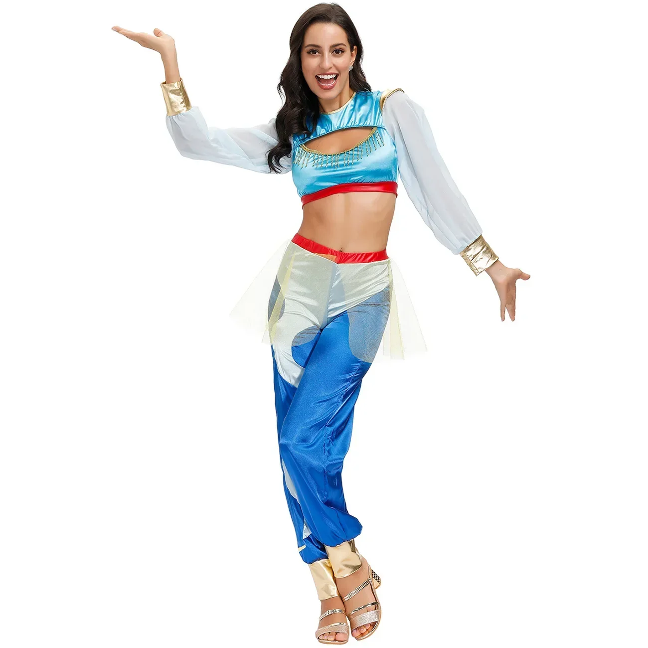 

Anime Aladdin Princess Jasmine Outfits Halloween Cosplay Crop Top Pant Set Women Girl Belly Dance Fancy Dress Costume Magic Lamp