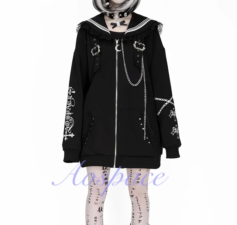 Subculture Printed Long Sleeve Navy Sailor Jacket Women Original Gothic Printed Splicing Color Loose Mid-length Balck Jacket