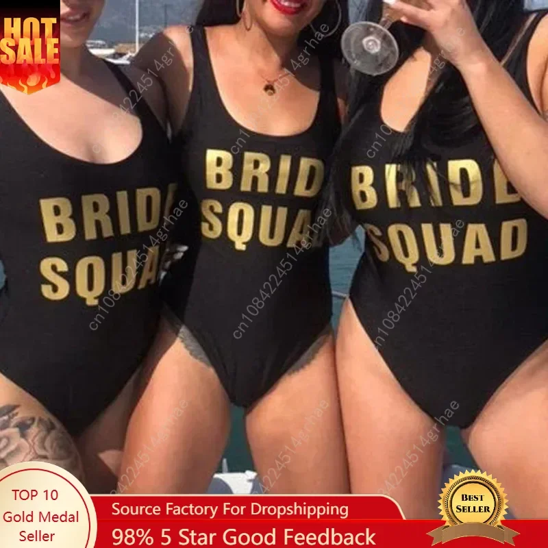 

BRIDE&BRIDE SQUAD Swimwear Golden White Letter Printed One Piece Swimsuits Wedding Party Sexy Jumpsuit Women Monokini Beachwear