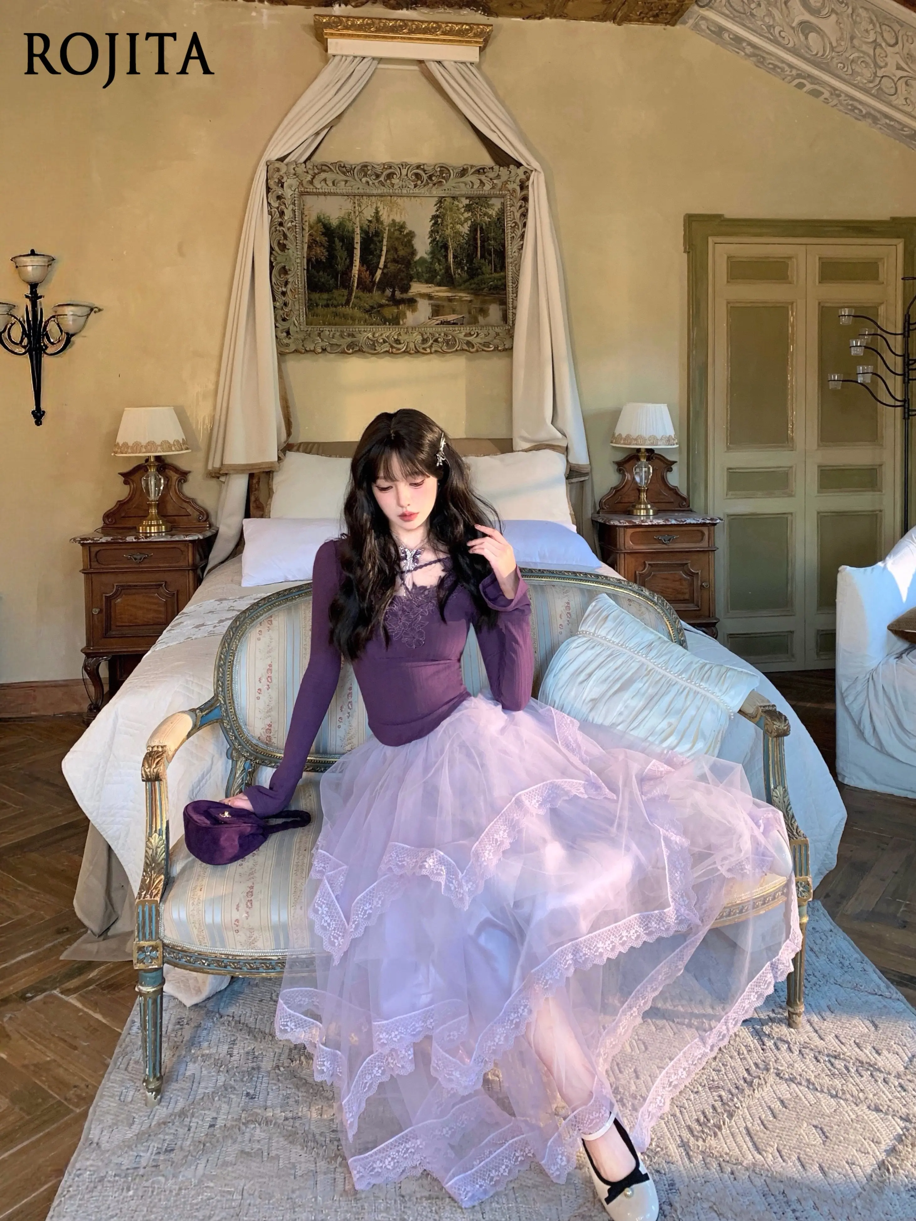 

Purple Tulle Skirt Set Lace Flower Slim Top French Fairy Mesh Skirt Long Sleeve Two-Piece Outfit