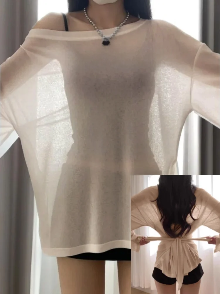 

Women's Summer Transparent Sun Protection irt Lace Hollow out One oulder Top Two Piece Set Thin Gauze Cover up