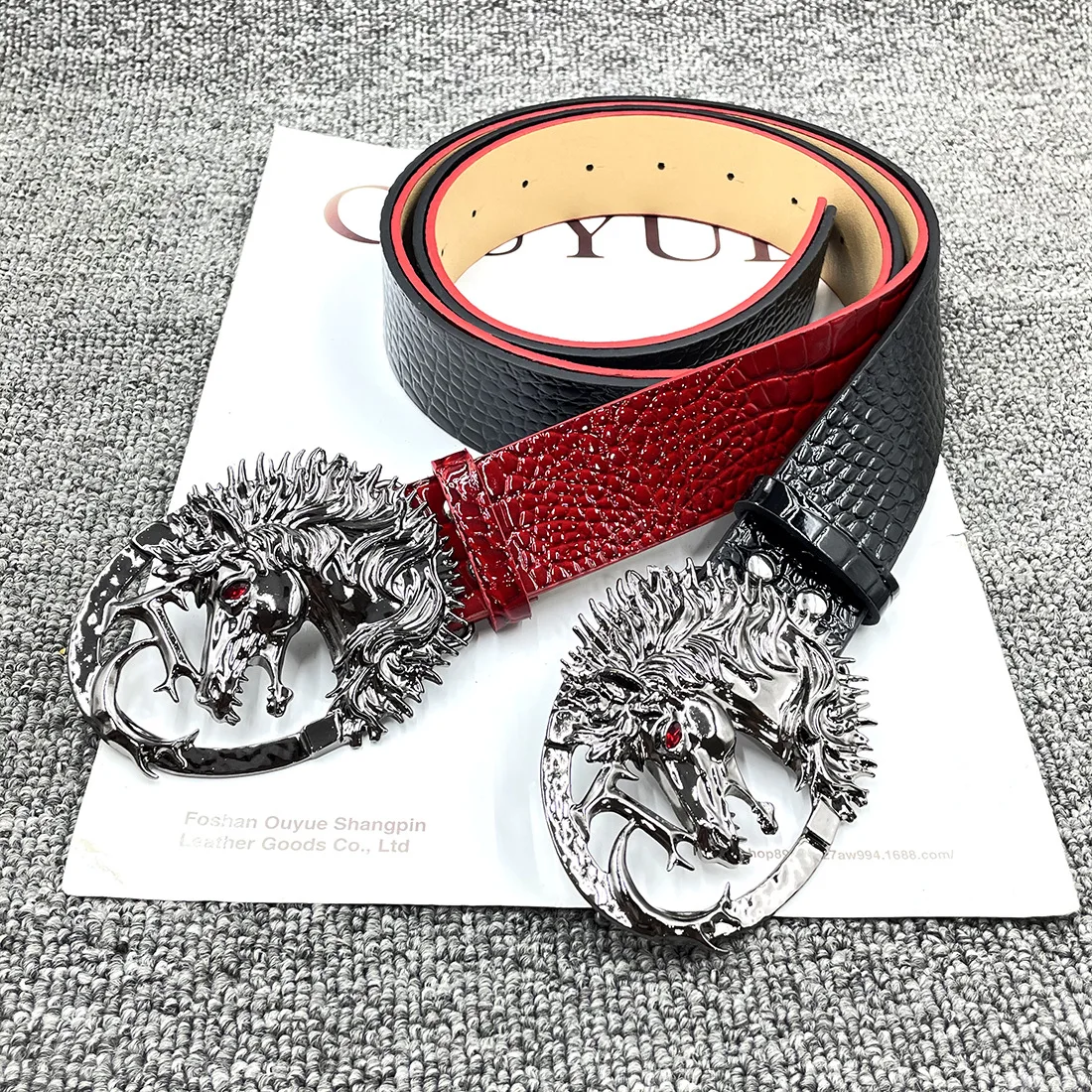 Red Crocodile Embossed Belt with Dragon Buckle, Bold Vintage Punk Waist Belt, Luxury Street Style Fashion Accessory for Trendy