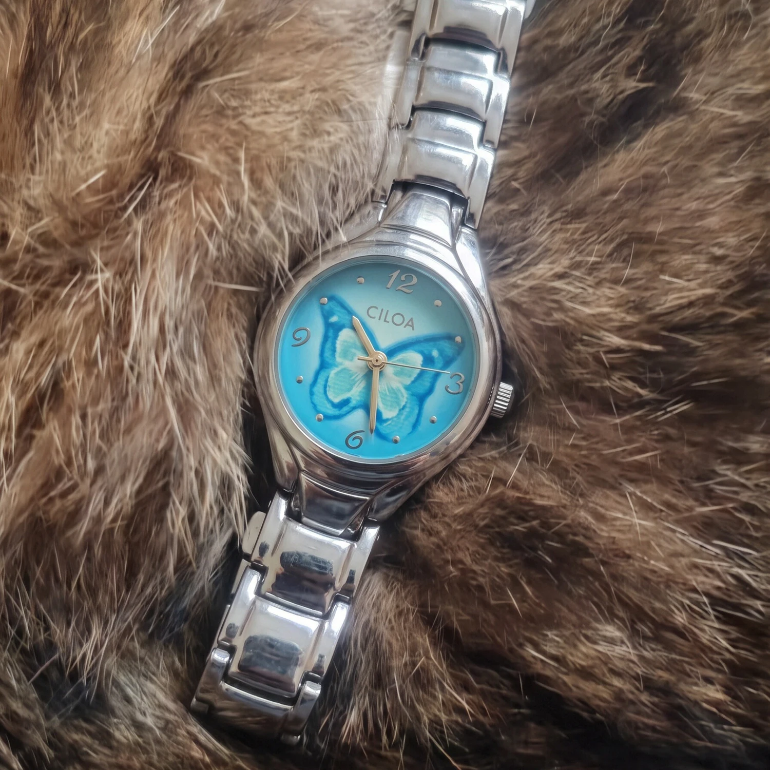 CILOA-Ladies Quartz Wristwatch Blue Butterfly Pattern Dial Silver Metal Bracelet Elegant Casual Watches for Women-631