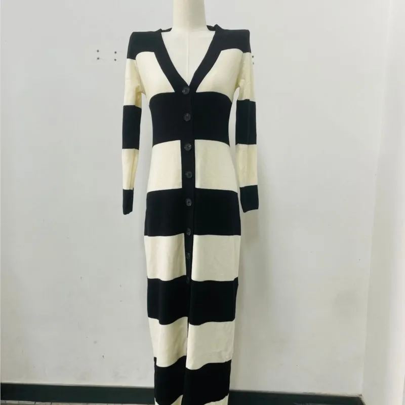 Contrast Dress Dresses 2025 Woman Vestidos Striped Slim V-link All-match Simple Style Long Sleeves Casual Temperament Commuting