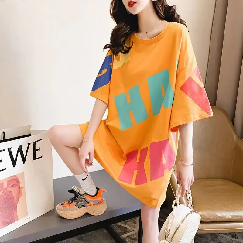 DAYIFUN Cotton Letter Printed Tshirt Women Spliced Color Short Sleeve T Shirts Female Loose Cute O-neck Tees Korean Lady Clothes