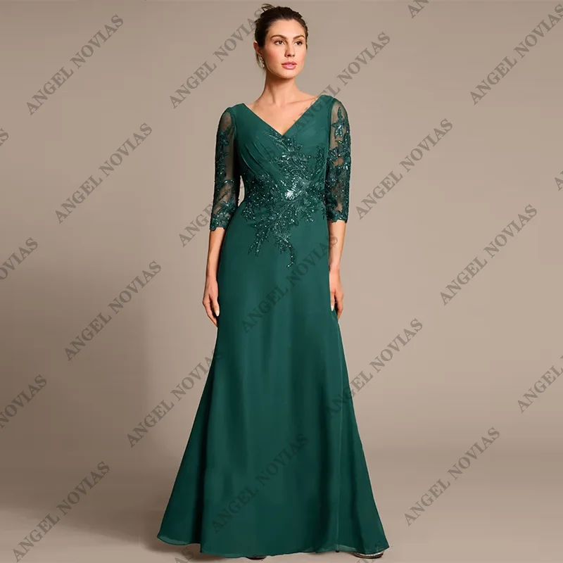 

Customized Long Dark Green Mother of the Bride Dresses with Sleeves Wedding Guest Gowns Appliques Vestido De Festa De Casamento