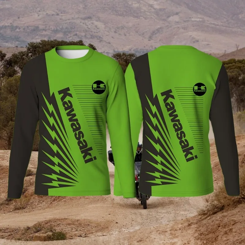 

MOTO-Kawasaki 2025 с длинным рукавом для спортзала, с круглым вырезом и длинным рукавом, весенне-осенняя футболка для мужчин, повседневные модные топы, мужская одежда