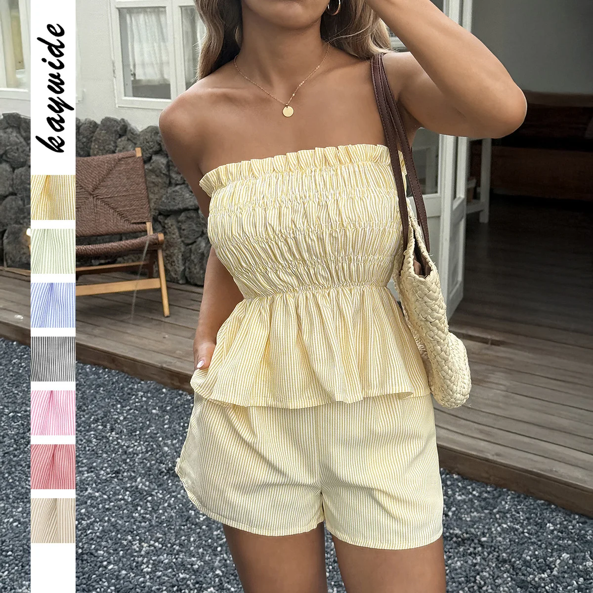 

European & American Style Women's 2026 Summer 2-piece Set: Casual Tube Top With Ruffle Trim & Shorts