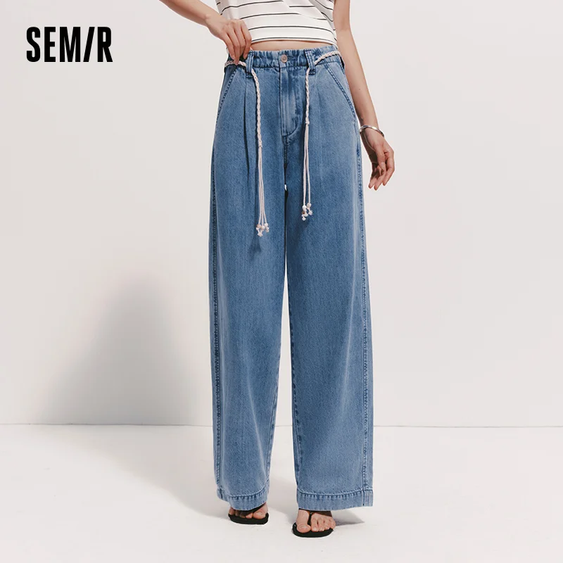 Women's Wide-Leg Denim Jeans with Belt - Loose Fit
