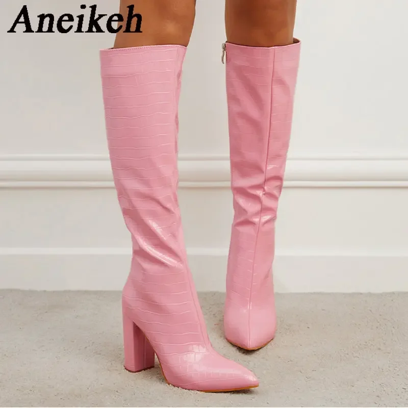 Aneikeh 2024 Women\'s Patent Leather Crocodile Pattern Knee-High Boots Spring/Autumn Pointed Thick Heel Sewing Side Zipper Boots