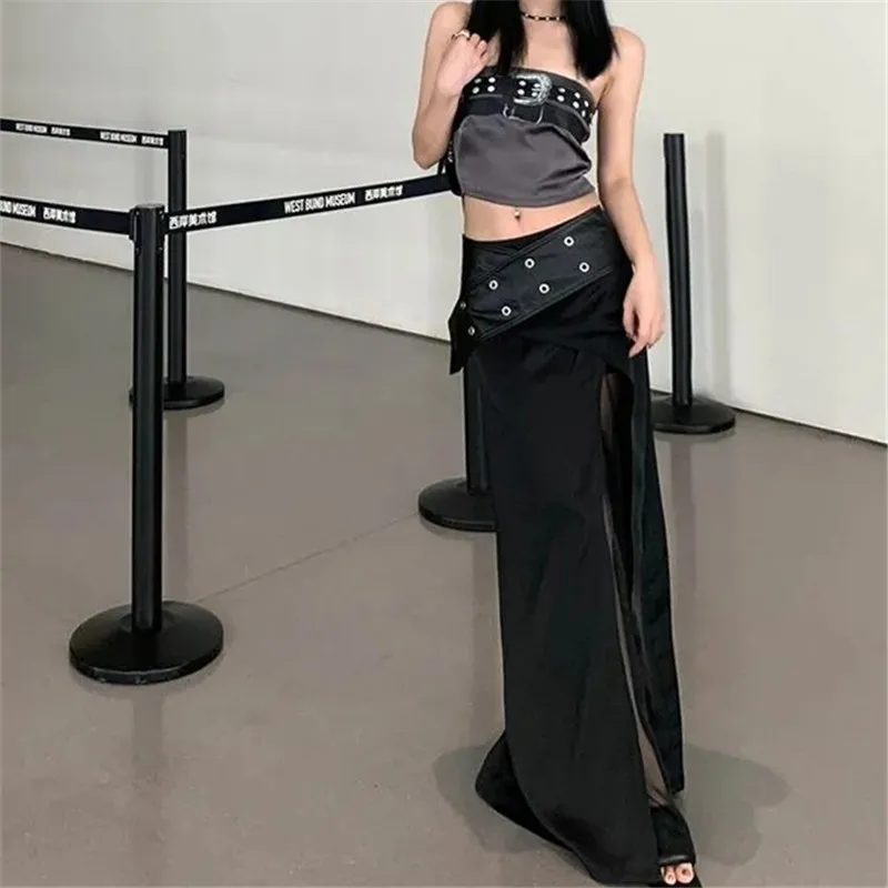 Black Design Sense Chiffon Long Dress Female's Large Size Slim Skirt Korean Fashion Women Clothing Patchwork Streetwear Skirts