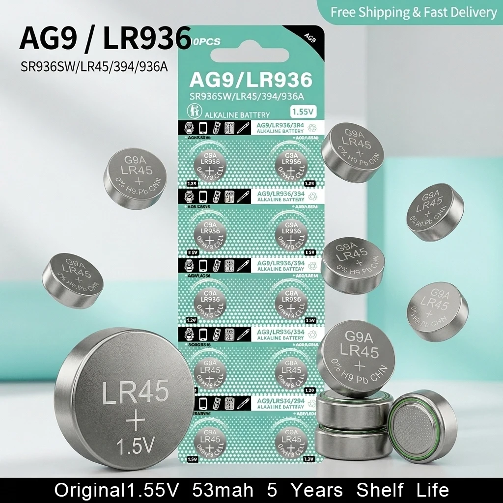 

High Quality AG9 1.55V Alkaline Button Battery LR936 SR936SW 394 LR45 194 Leak-Proof Coin Cell for Watch Calculator LED Light