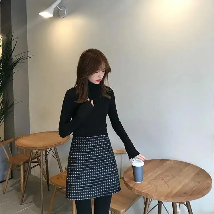 Double-Sided Fleece Long Sleeve Women's Base Shirt Korean Style Commute Fashion Slim Fit High Collar Inner Wear T-Shirt Black