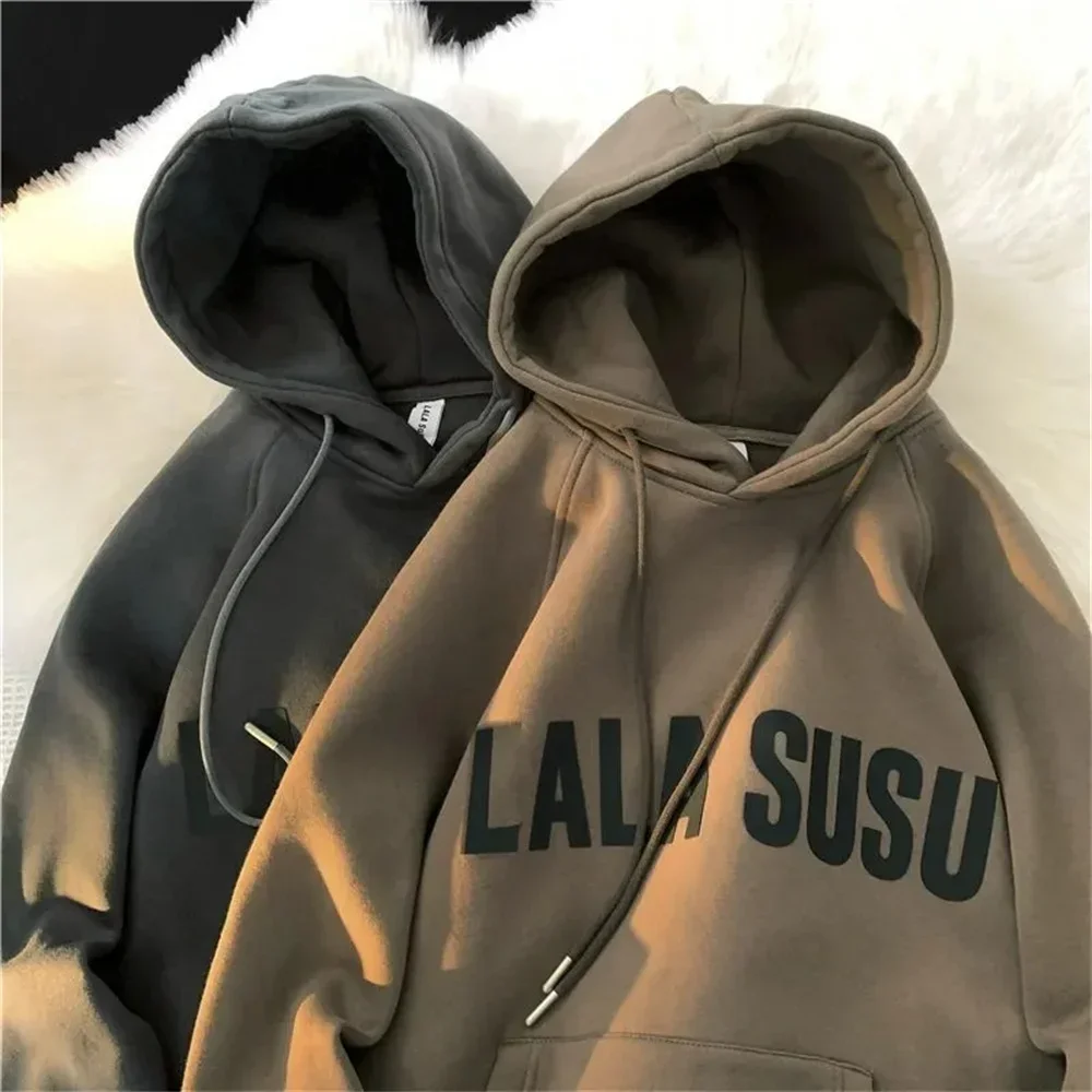 

Harajuku Hong Kong Style Spring Autumn Men's Hoodies Chic Academy Style Plush Hooded Hoodies Unisex Loose Women Sweatshiirt Coat