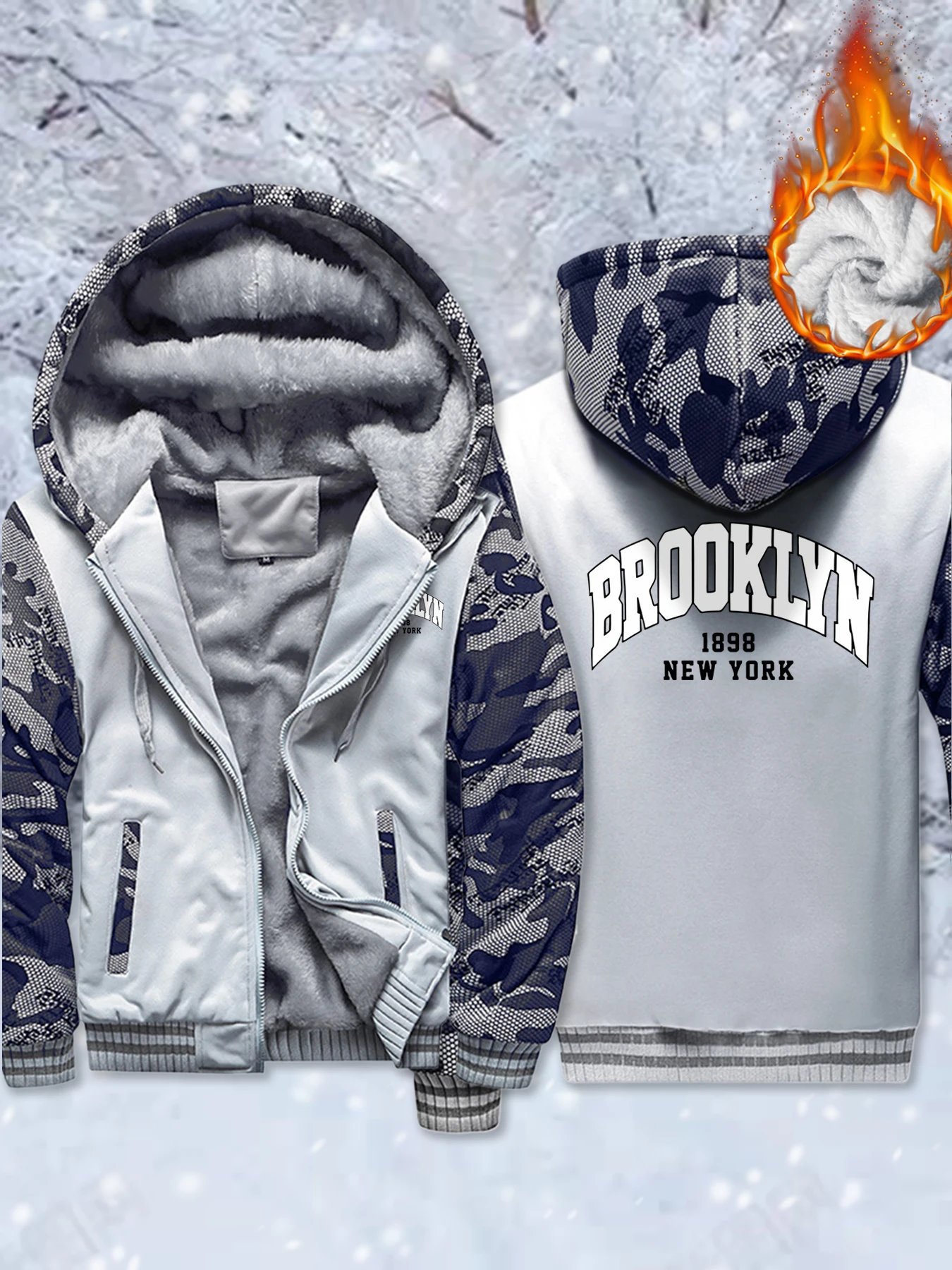

New York Brooklyn Letter 1898 Print Men Thicken Jackets Loose All-Match Coats Casual Camouflage Hoodie Zipper Winter Streetwear