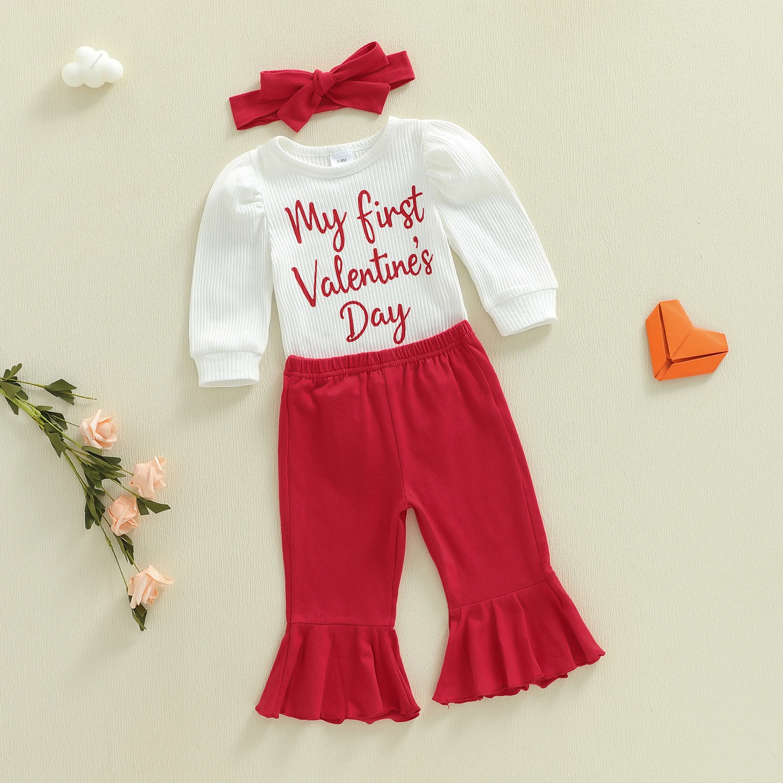 Valentine's Day Infant Baby Girls 3pcs Outfit Long Sleeve O Neck Letter Embroidery Jumpsuit Headband Elastic Waist Flared Pants