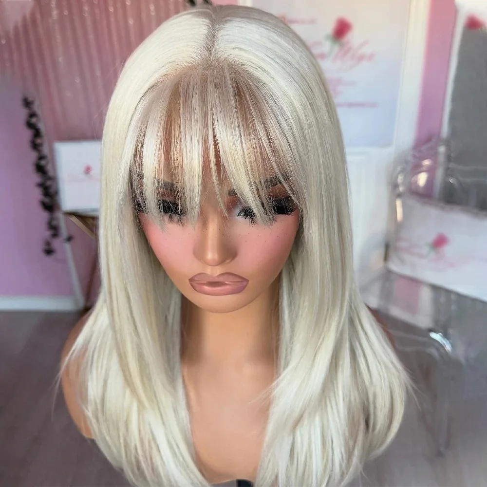 White Layered Lace Wig With Bangs Straight Platinum Blonde Synthetic For Women 13x4 HD Pre Cut Daily Glueless Cosplay For Women