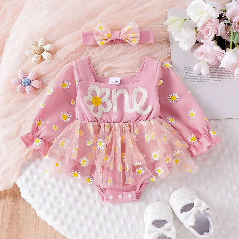 Toddler Baby Girl 1st Birthday Romper Dress Daisy Print Long Sleeve Sweetheart Neck Tulle Jumpsuit with Headband