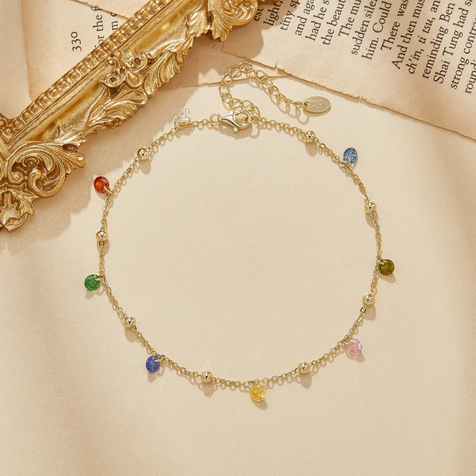 Dainty Bohemian Colorful Gem Anklet Bracelet 925 Sterling Sliver Multicolor Circle Stone Beads Adjustable Anklet Chain 6610028